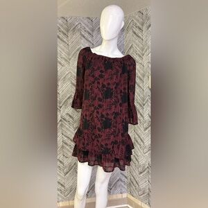 Dex women’s Line Micro floral Dress, medium, black, and burgundy